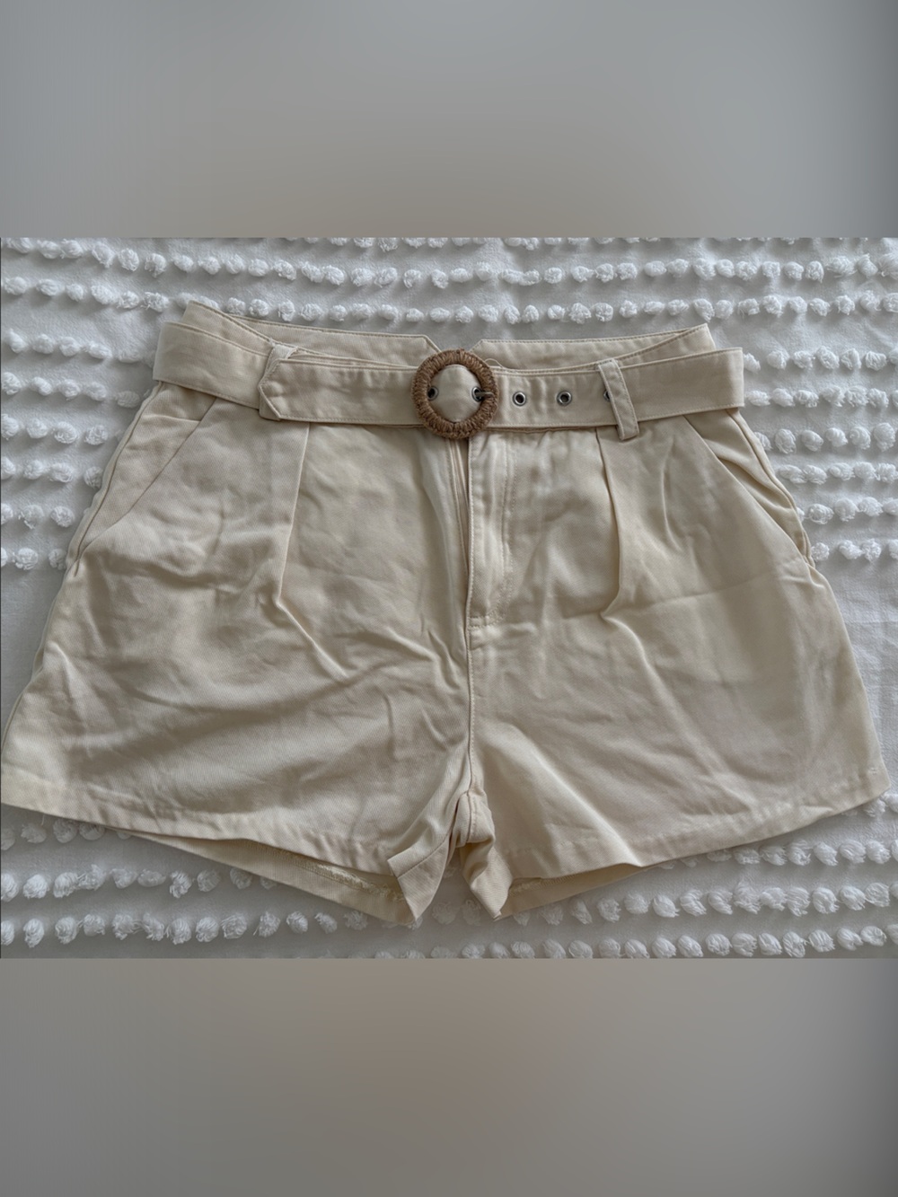 PAIGE Cream High-Waist Belted Shorts with Woven Buckle